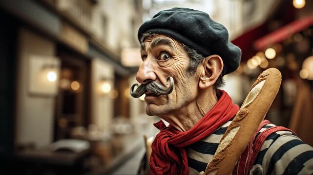 A man with a fake mustache holding a baguette in his hand