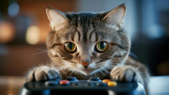 Tabby cat playing with game controller indoors