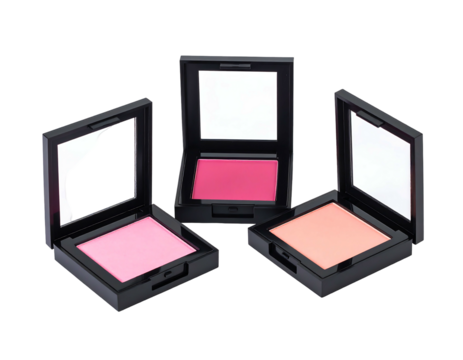 Three small, square, black cosmetic compacts, showcasing pink and peach blushes.  Each compact has a clear window