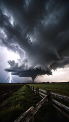 Fototapeta premium Dramatic tornado forming under stormy clouds with lightning in background 