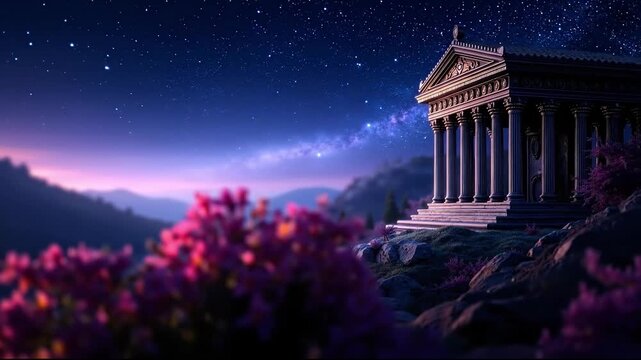 A temple on top of a hill under a starry sky