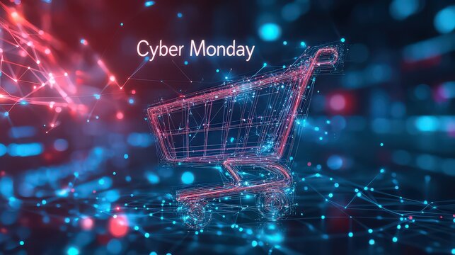Futuristic cyber monday sale concept with a glowing shopping cart made of digital connections and network