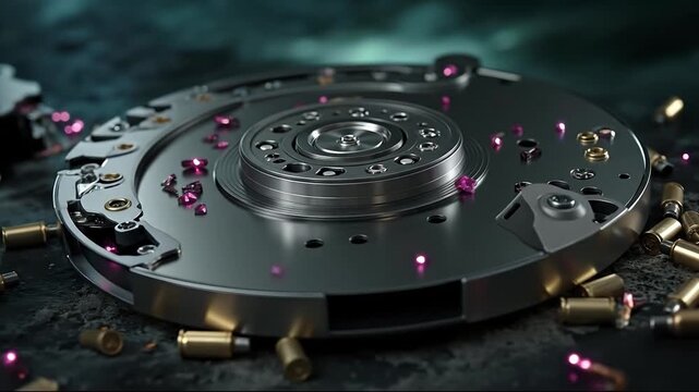 A close up of a flywheel with bullets scattered around it