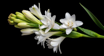 Obraz premium Elegant White Tuberose Flowers with Water Droplets Against a Black Background