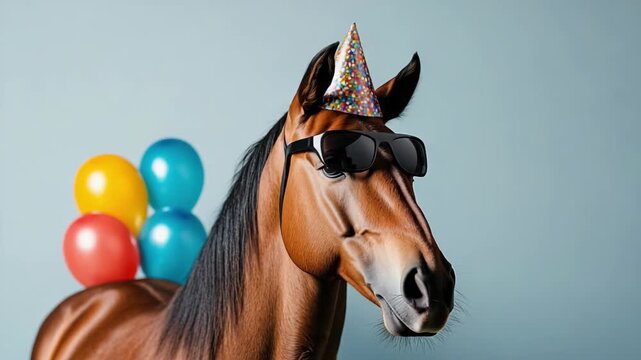 Celebratory horse wearing party hat and sunglasses with colorful balloons