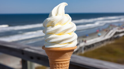 Soft serve vanilla ice cream cone held at sunny beach