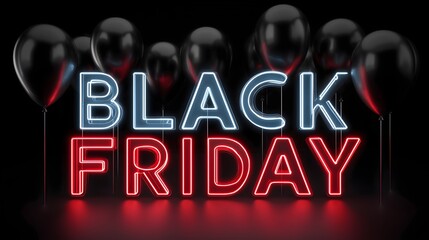 Bright black Friday typography illuminated against a dark background with balloons for shopping event excitement