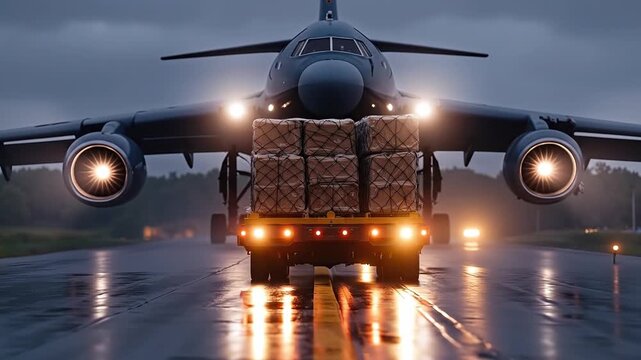 A truck with a large cargo plane in the background