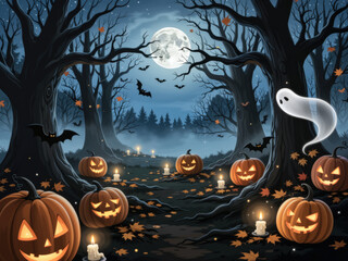 A creepy forest at night, a path goes into the distance, glowing pumpkin lanterns stand along the road