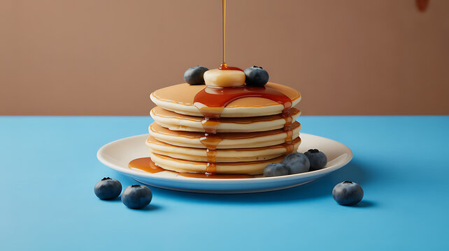 Stack of pancakes topped with blueberries and syrup being poured