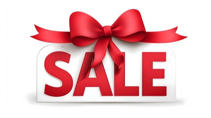 Bright sale sign adorned with a bold red ribbon bow highlighting discounts