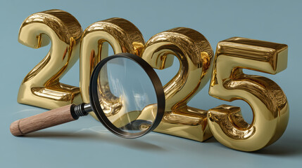 Golden 2025 number magnifying glass business concept