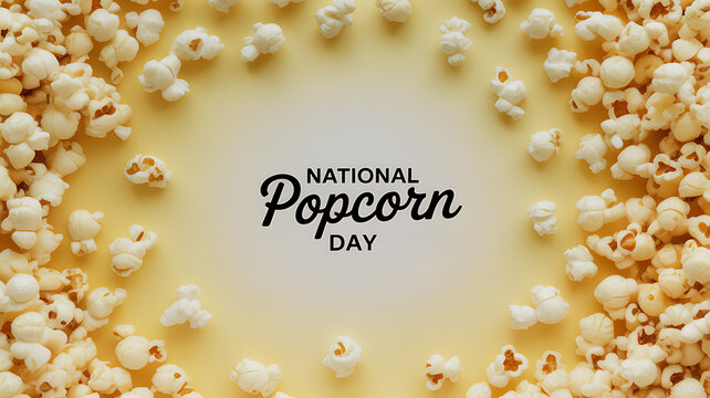 National Popcorn Day celebration with popcorn arranged in a circular frame on a yellow background