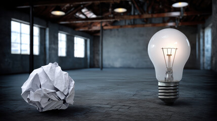 Crumpled paper and glowing light bulb creative idea concept