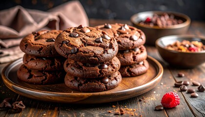 A close-up shot showcasing a stack of freshly baked, dark chocolate chip cookies on a wooden plate. Other treats are visible