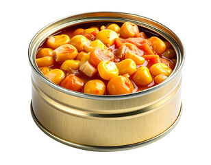Gold tin can filled with a vibrant mix of corn, tomato, and other ingredients in a savory sauce