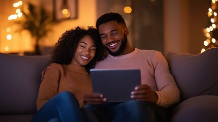 Happy couple using tablet on christmas eve at home, enjoying festive season together, watching movie