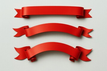 Set of three decorative red ribbon banners with curled ends on light background for festive design or announcement graphic concept use. Ai generative