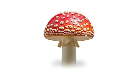 A vivid, close-up image presents a vibrant red mushroom cap, speckled with white dots, set against a plain white background.