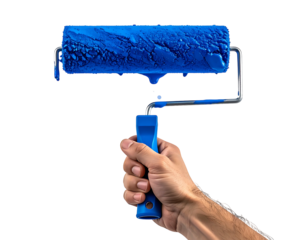Hand holds paint roller coated in vibrant blue paint