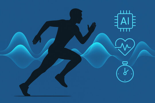 Silhouette of a runner with AI and health icons against a blue waveform background running artificial intelligence