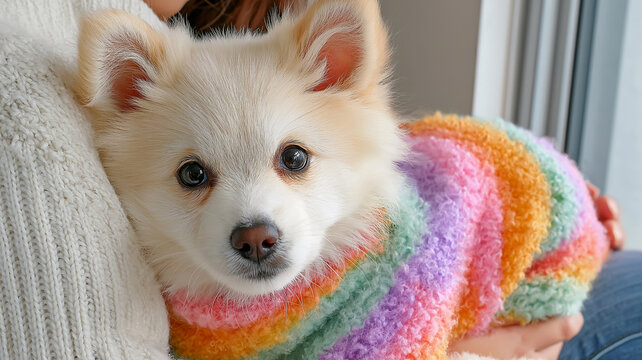 Adorable Jindo puppy wearing rainbow sweater