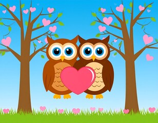 Two owls holding a heart between them in a spring-like setting