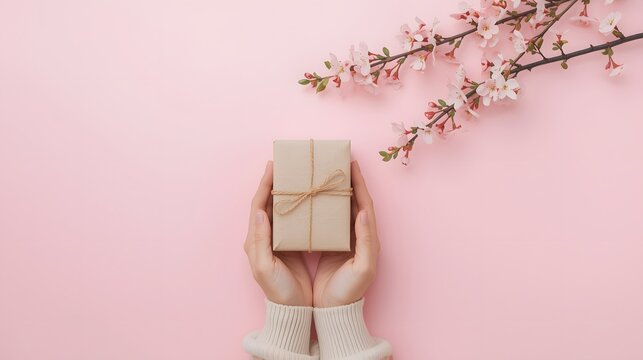Hands holding small craft gift box tied with simple string ribbon on soft pink background with spring cherry blossom flowers, symbolizing love, celebration, and minimalist present concept