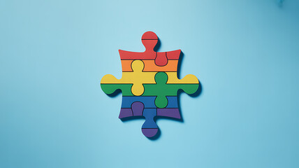 Rainbow-colored puzzle piece on a blue background