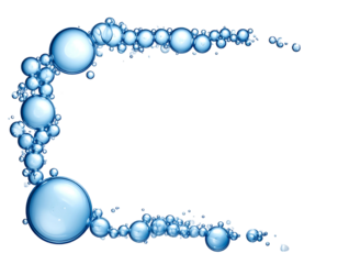 Blue bubbles form a stylized,  C-shaped frame