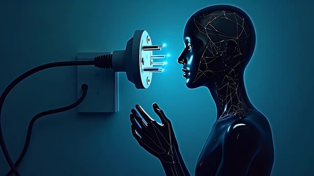 A surreal scene of a human silhouette replaced by a giant electric plug connected to glowing wires, symbolizing internet and technology dependence.