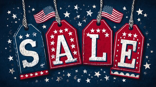 Bold graphic poster design featuring sale tags on a solid navy background with stars and stripes - Powered by Adobe