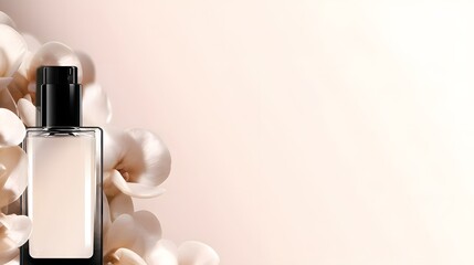 Golden perfume bottle surrounded by soft ivory flowers on nude background with copy space, perfect for cosmetics ads, web banner