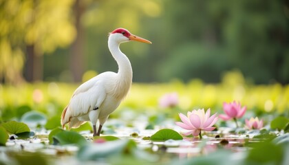 Obraz premium Crane standing among blooming lotus flowers on tranquil pond 