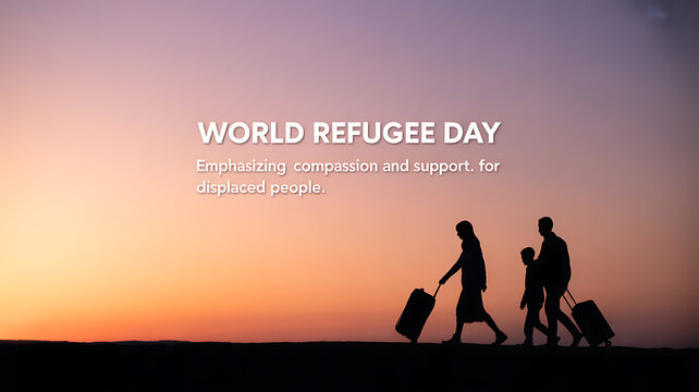 Silhouettes of a family carrying luggage at sunset, commemorating World Refugee Day with a message of compassion and support for displaced people. - Powered by Adobe