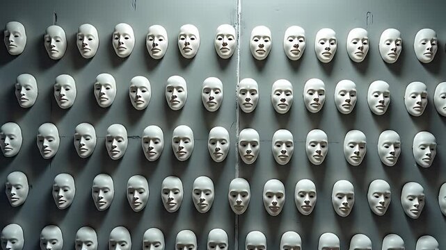 A wall covered with hundreds of expressionless masks, symbolizing conformity and hidden identity in society.
