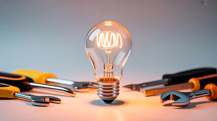 Fototapeta na wymiar Illuminated light bulb surrounded by various hand tools on a neutral surface