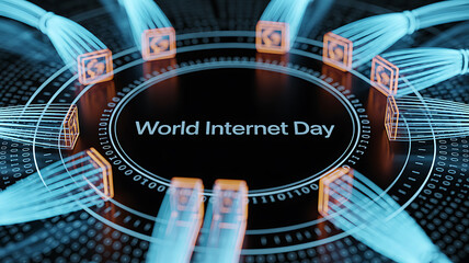World Internet Day digital network visualization with connected nodes and binary code background