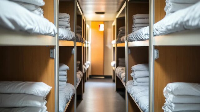 Neatly organized bunk beds with white linens in well-lit, wooden dormitory