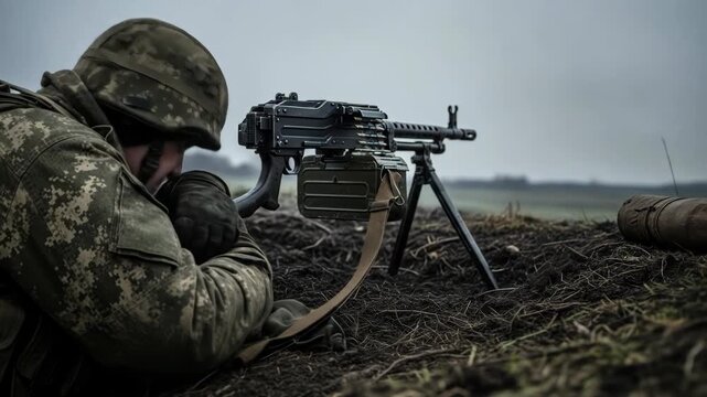One man in camouflage lies asleep near machine gun firing on battlefield, concept war soldier military conflict. Tired soldier sleeps on battlefield using a machine gun.