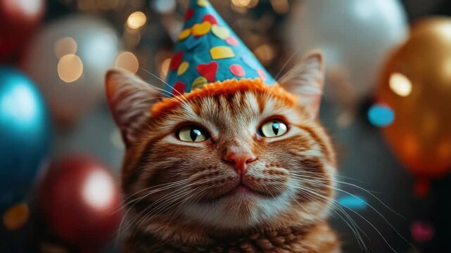 Joyful cat wearing party hat among colorful balloons and confetti