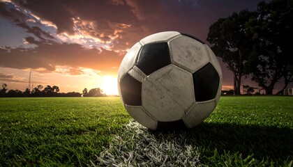Sunset over grassy field, soccer ball rests on line