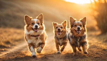 Happy Corgis Running Outdoors at Sunset.
