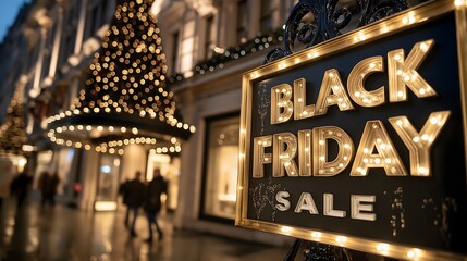 Black Friday sale sign glows brightly outside, welcoming shoppers amid festive holiday lights