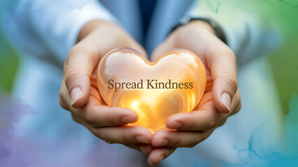 Hands holding a glowing heart-shaped object with the text 'Spread Kindness' displayed on it.