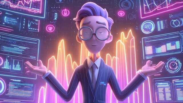 Cartoon Character Presenting Data Analysis with Neon Charts and Graphs, Digital Interface, Futuristic Technology, Data Visualization, and Artificial Intelligence