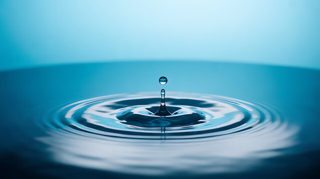 A water droplet creates ripples on a calm surface, captured in high detail with a blue-toned background.