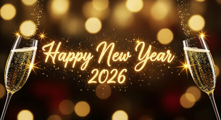 Happy New Year 2026 Golden Glow with Champagne Glasses and Bokeh Lights