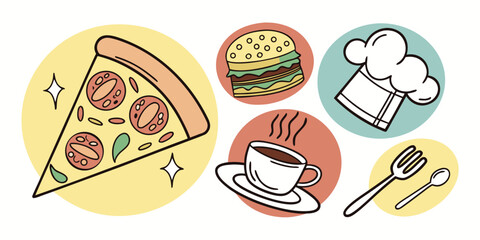 Retro-style food illustration: pizza slice, burger, coffee cup, chef's hat, fork, and spoon; cheerful, appetizing design for menus or restaurant branding.