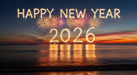 Happy New Year 2026 Sparkler Text and Fireworks over a Sunset Beach